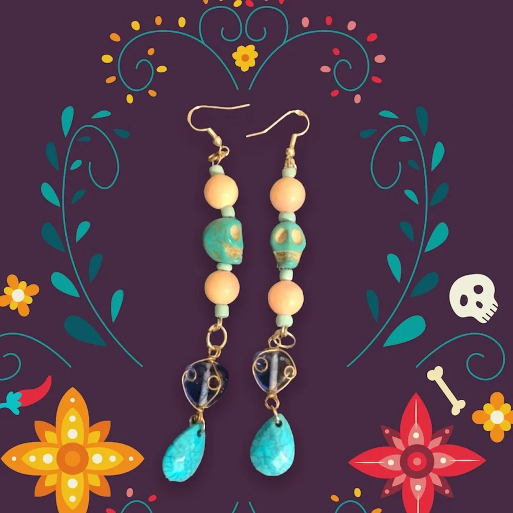 Handmade New S925 Sterling Silver Turquoise Rhodonite Skull Candy Drop Earrings